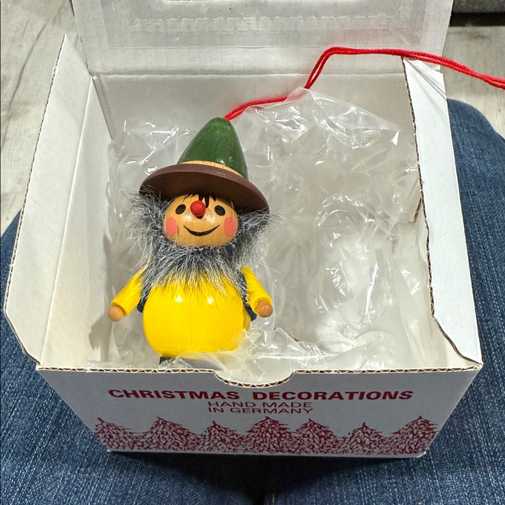 Wooden German Alpine Backpacker Ornament - Yellow and Green